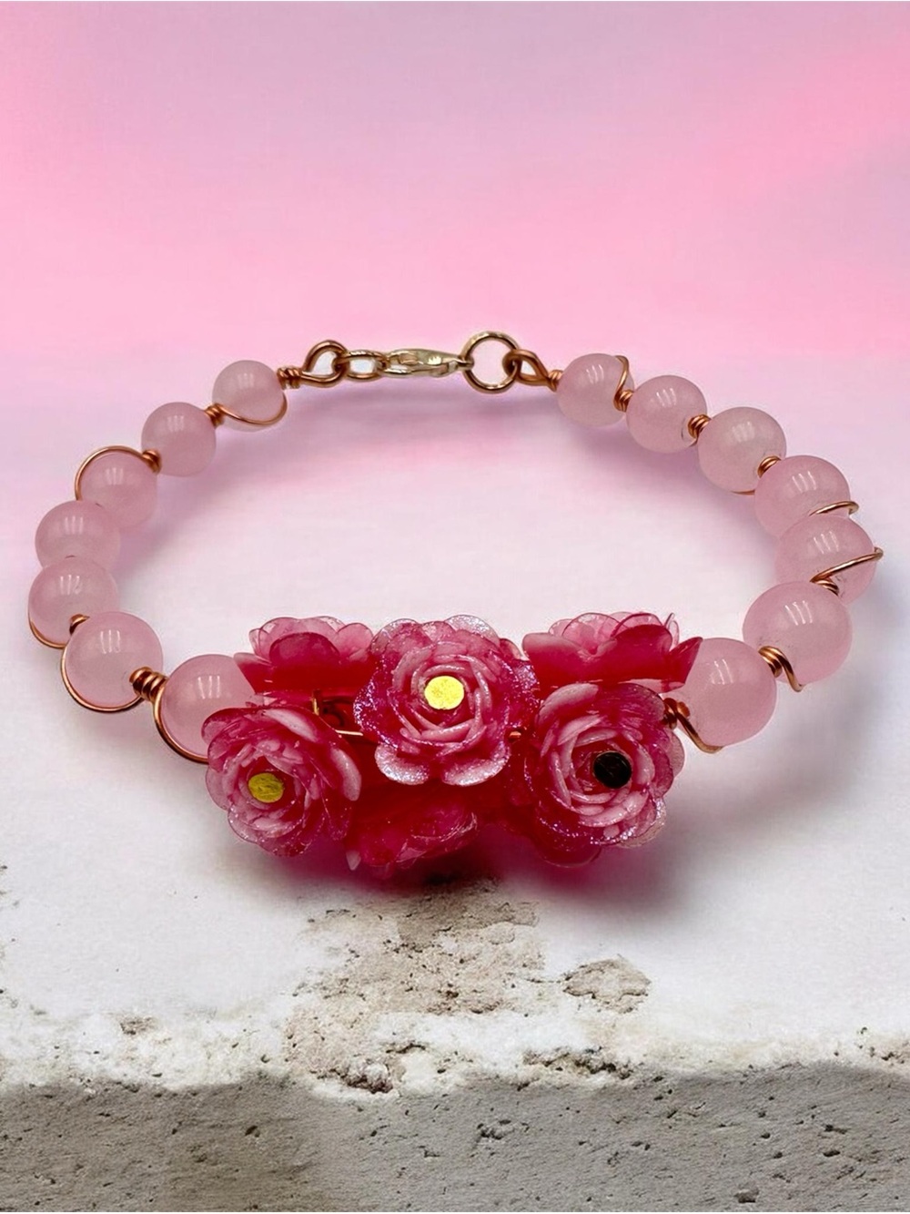 Pink Beaded Rose Flower Bracelet Copper Wire Handmade Floral Jewelry